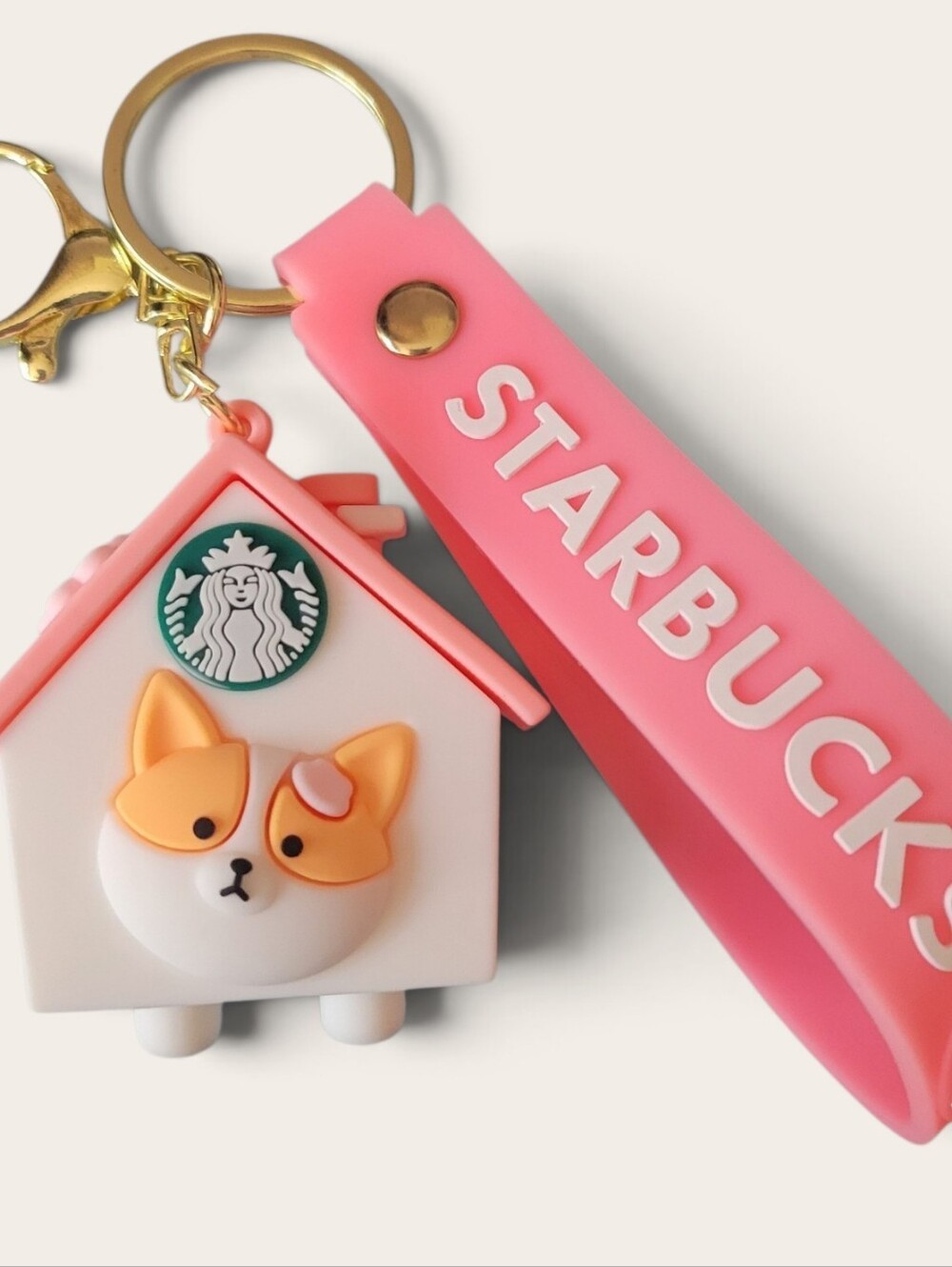 Starbucks Pink Silicone Strap Keychain with Cute Dog House Charm